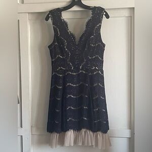 Trixxi Navy And Tan Lace V-Neck A-Line Dress. Pre-Owned.